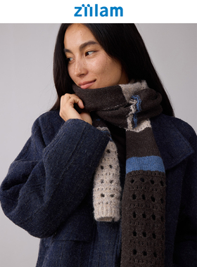 ziilam枝蓝 费尔岛拼接围巾美利奴羊毛混纺冬季保暖通勤围脖