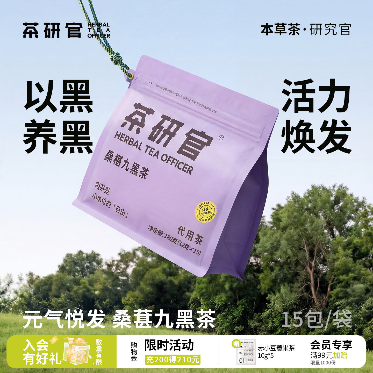 茶研官桑椹九黑茶枸杞桑葚黑豆芝麻黑加仑掉熬夜悦发五黑养生茶包