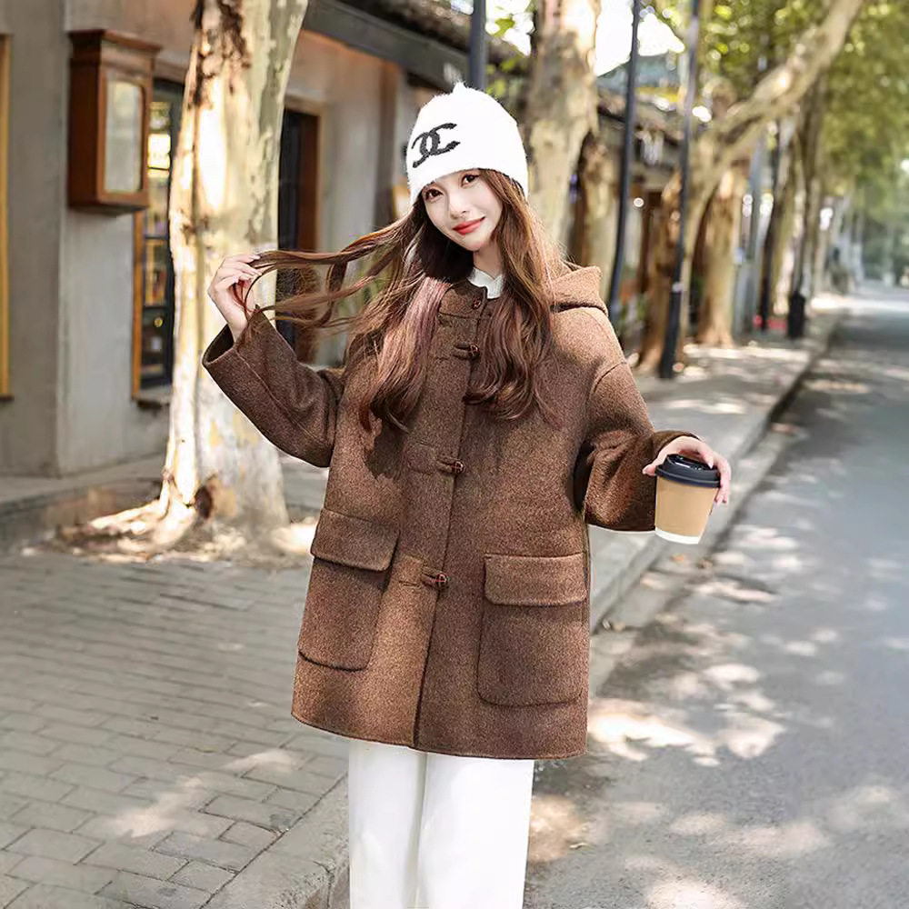 秋冬新款女装连帽羊绒大衣小个子中长款显瘦带帽宽松女式毛呢外套