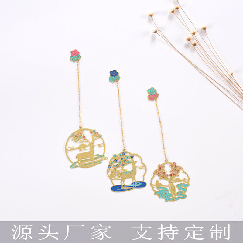 月色麋鹿古风团扇金属书签中国风古典流苏坠子文艺小清新创意礼品