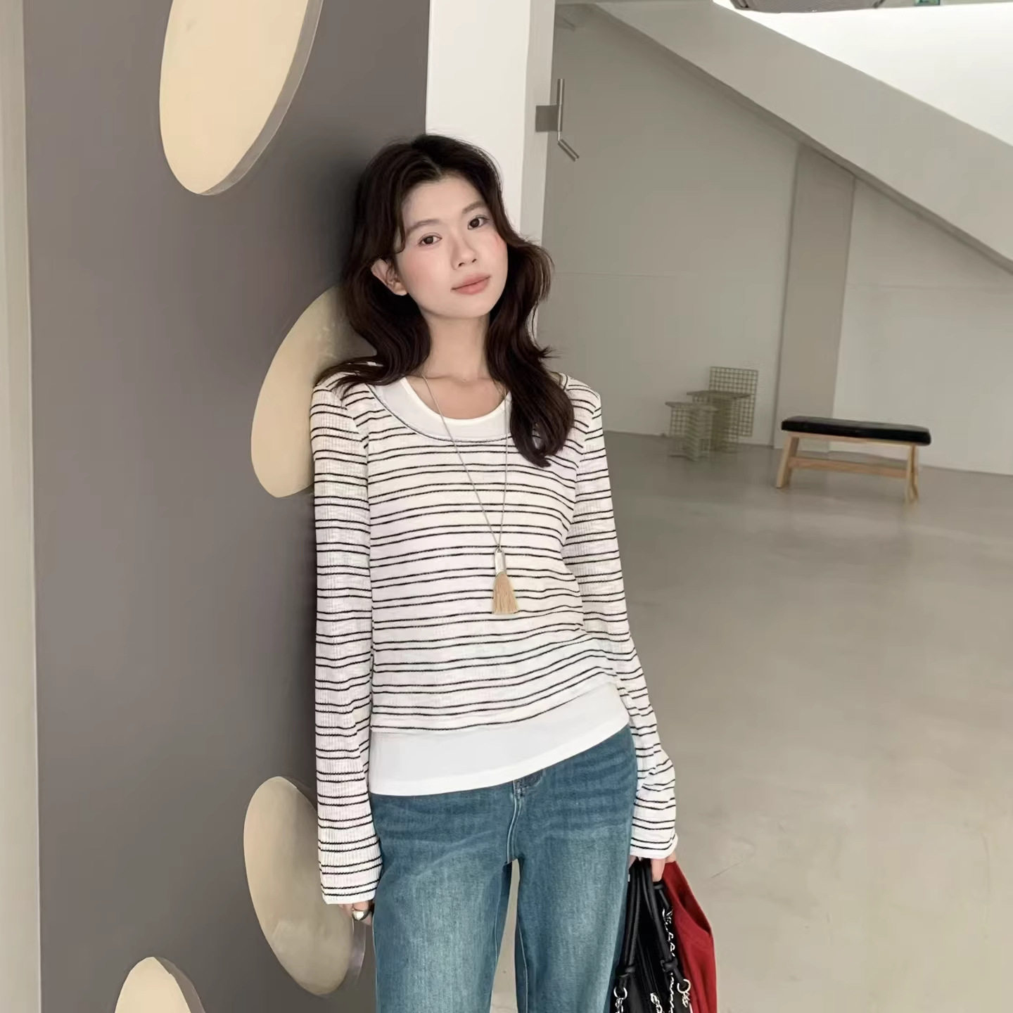 苏珊 现货实拍条纹长袖T恤拼接韩版修身显瘦百搭外穿上衣MW3793
