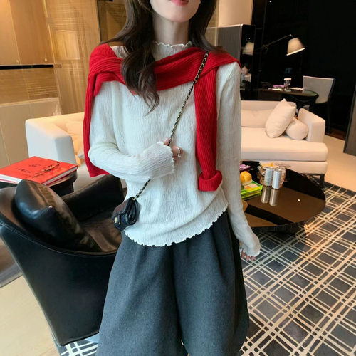 SUSAN韩系小姐姐标配！韩系木耳边半高领提花暗纹肌理修身打底衫