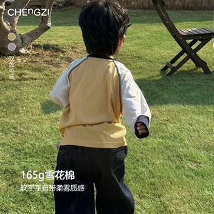 现货 男童春季 撞色插肩袖 雪花棉长T恤好穿日常CZ6C14 云朵拼色