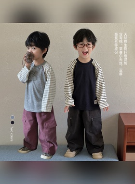 现货【自然舒适】儿童秋季条纹插肩袖天丝雪花T恤韩系内搭CZ5Q20