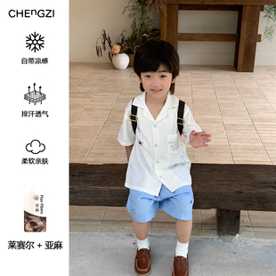 现货【天丝亚麻套装】160g男童夏季度假风透气polo套装橙子小童店