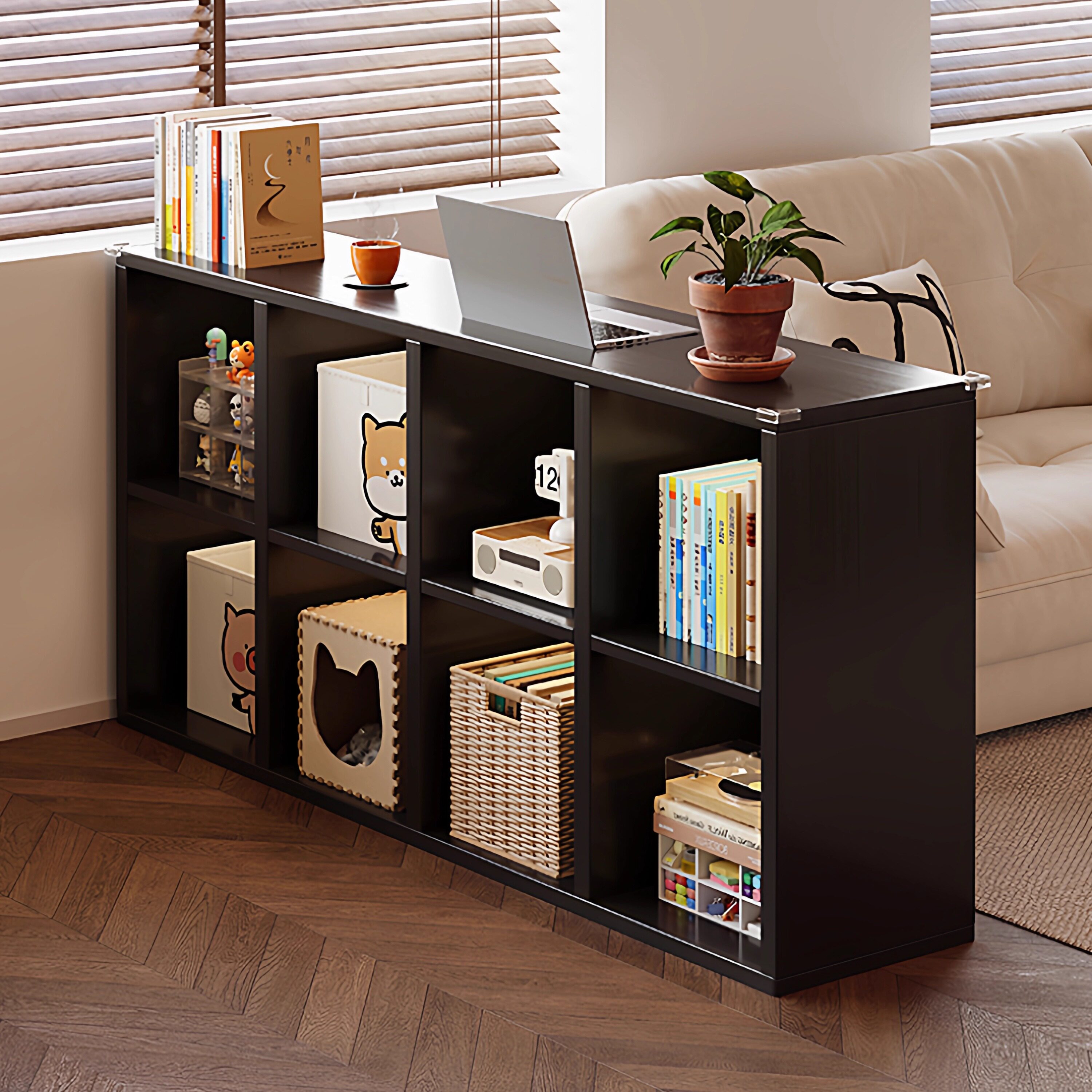 客厅沙发边柜侧柜高级感茶水柜收纳格子柜书架落地置物架矮柜窄柜