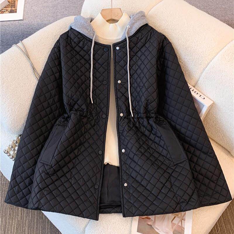 黑色连帽羽绒棉服外套女春秋假两件菱格收腰上衣大码格纹修身棉衣