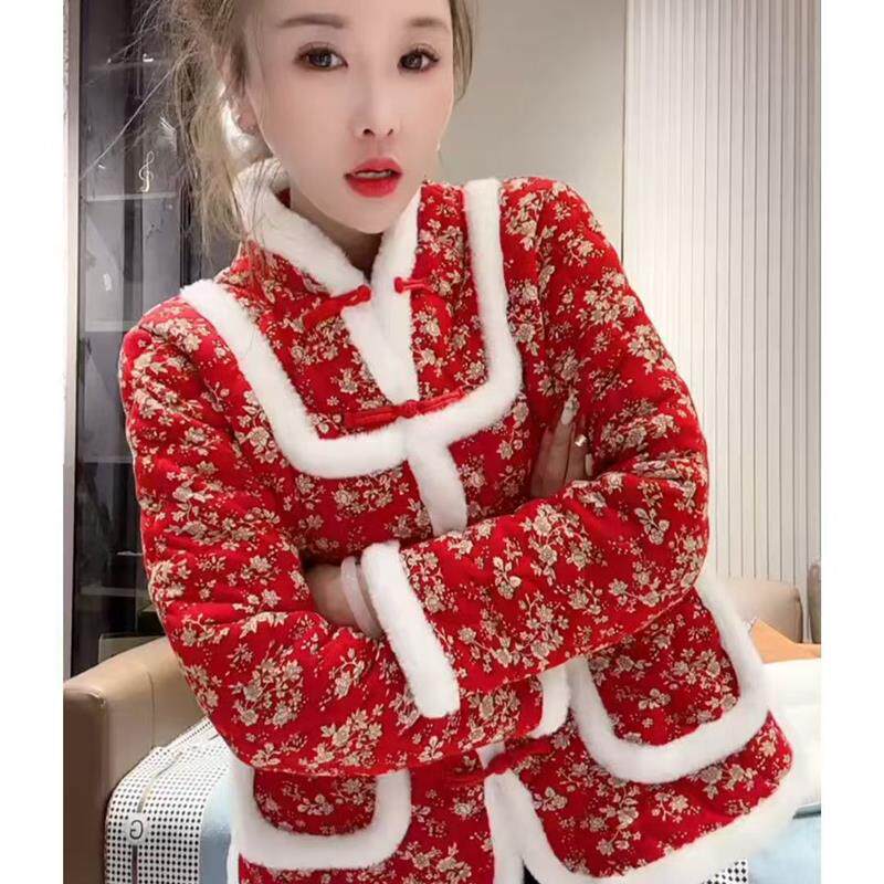 大码女装新年战袍中国风碎花棉袄女冬季新款国风显瘦东北花棉袄女
