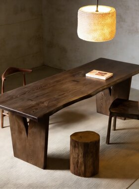 侘寂风整板实木餐桌白蜡木中古风书桌家用原木茶台桌长条桌工作台