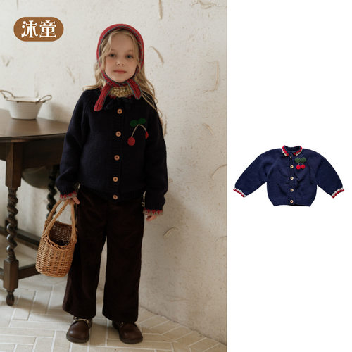 跨境童装a类纽扣百搭儿童毛衣 可爱樱桃薄款羊毛男童女童针织开衫