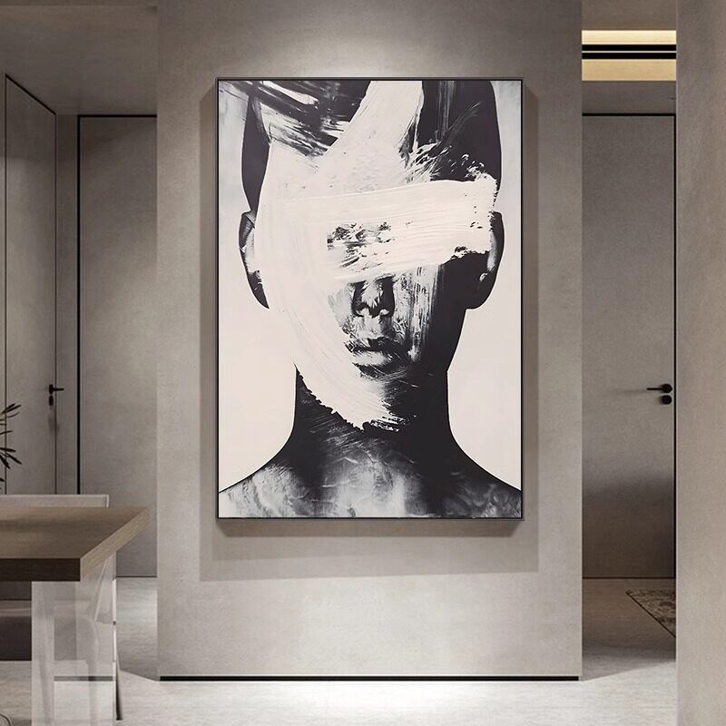 黑白灰创意艺术理髲店发廊挂画 画网红抽象人物墙面壁画 画美发店