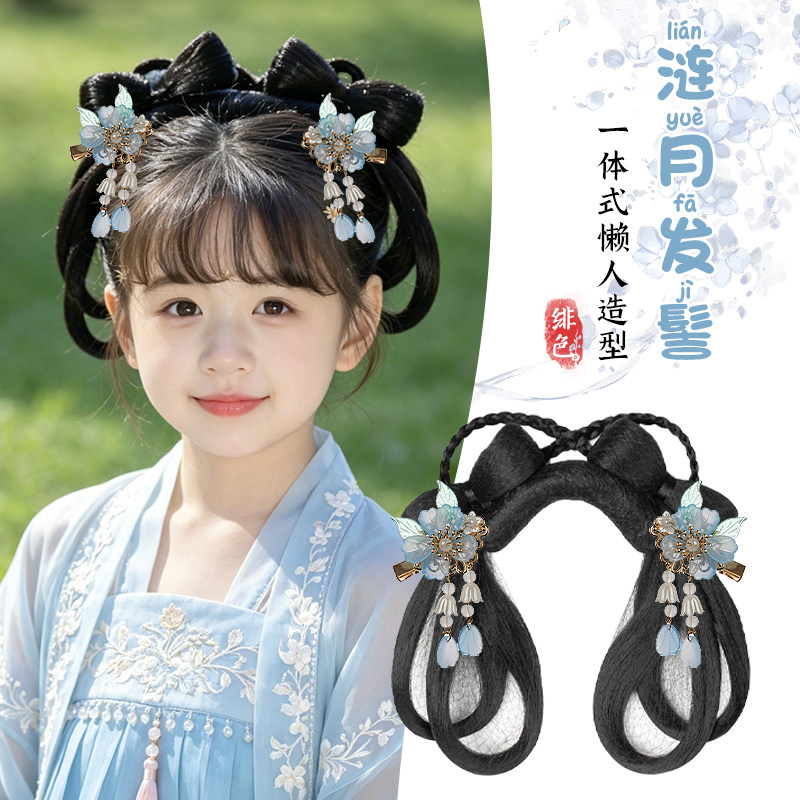儿童汉服假发一体式全套头饰女古风盘发发髻表演造型古装发包垫发