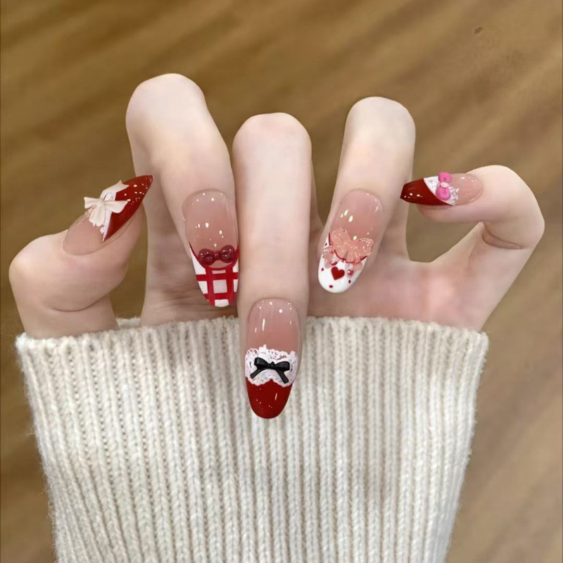 【圣诞限定】秋冬圣诞爆款手工蕾丝高级蝴蝶结法式显白美甲穿戴甲