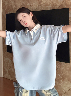 LKOD2025春夏新款拼接polo碎花领打底衫短袖女潮牌T恤