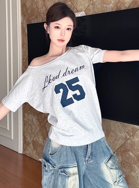 LKOD2025夏季新款斜肩字母印花潮牌灰色T恤短袖打底宽松