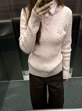 LKOD2025条纹衬衣领LK字母毛衣v领假两件长袖针织女款