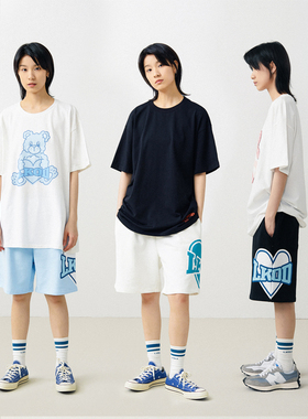 LKOD2021春夏爱心印花抽绳短裤 男女情侣款国潮五分裤潮