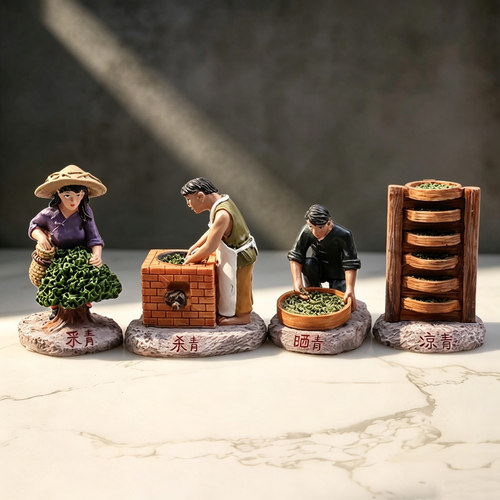采茶制茶工艺树脂摆件四件套