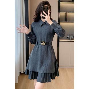 法式灰色显瘦修身百褶连衣裙赫本风气质针织套装两件套短款裙子