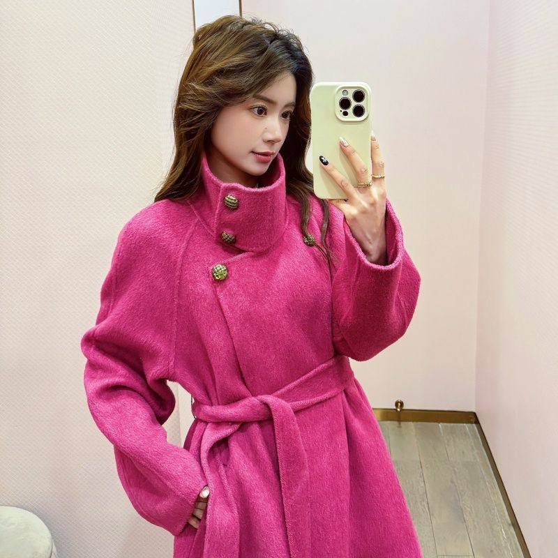 红色双面呢子大衣女2024冬季新款赫本风中长款小个子结婚毛呢外套