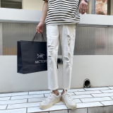 203-6F63P60～夏装新款韩系修身破洞白色牛仔裤八分裤9分裤，男装牛仔裤，星座203-6(原电商259)