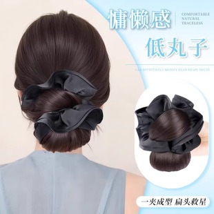 氣質(zhì)高級感緞面大腸發(fā)圈木耳邊丸子頭假發(fā)抓夾低扎氛圍花苞頭盤發(fā)
