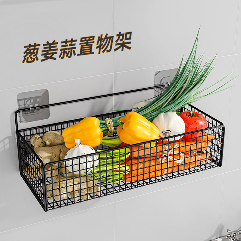 厨房置物架免打孔壁挂沥水架铁丝网储物篮带挂钩葱姜蒜调料收纳筐