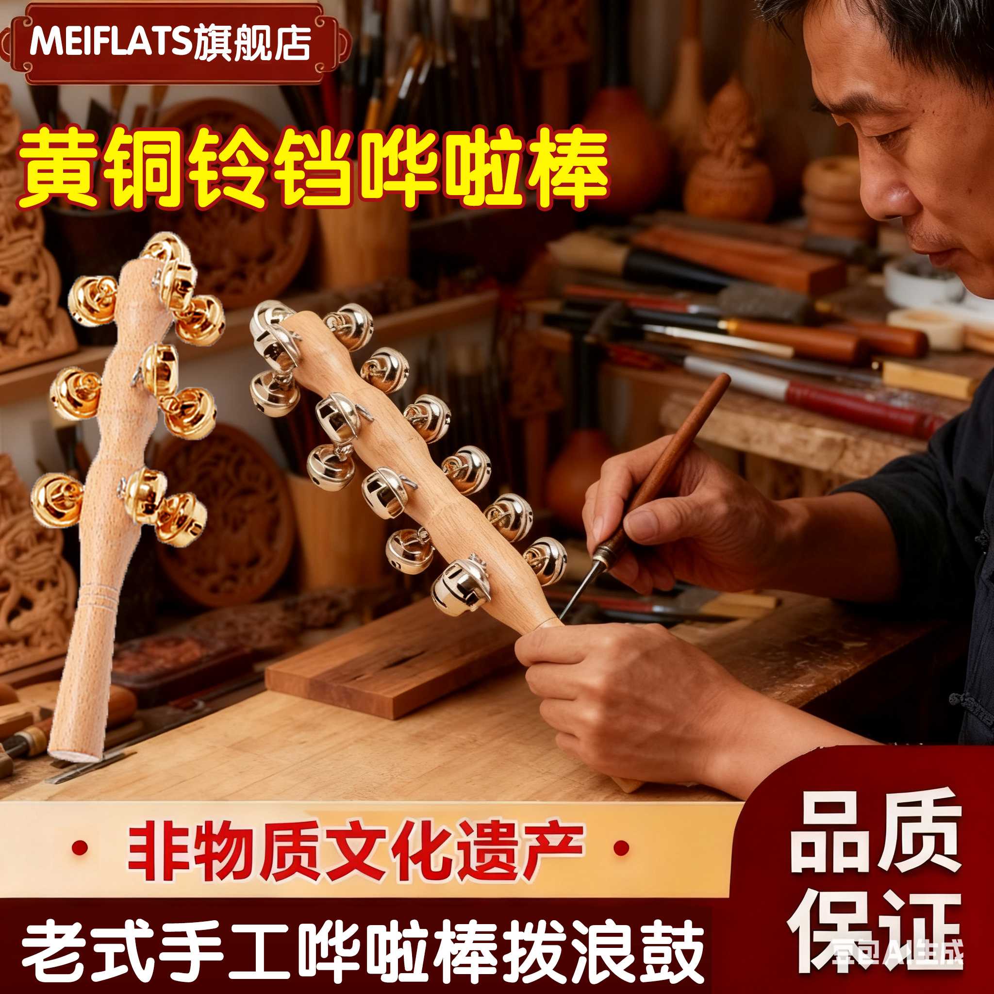 非遗拨浪鼓和黄铜铃铛哗啦棒新生婴儿可啃咬儿童老式传统手工桃木