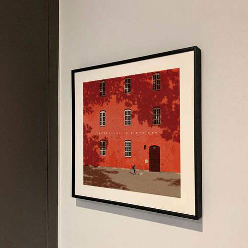Every day is a new day极简挂画红色建筑小众艺术客厅卧室装饰画