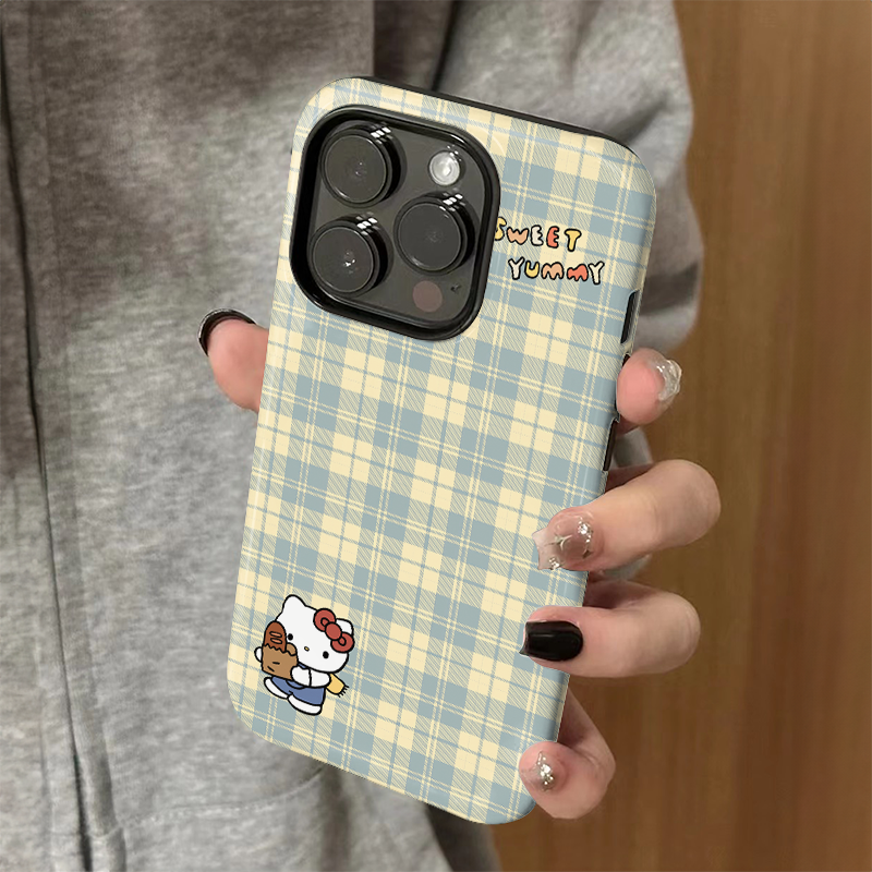 格纹卡通可爱kt猫适用苹果16promax手机壳iphone15保护套小米15新款华为mate70菲林二合一oppovivo一加IQOO