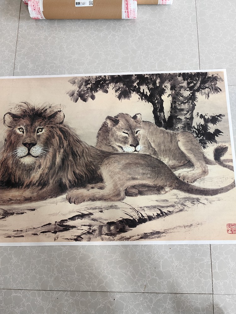 黄君壁双狮图国画走兽六尺横幅宣纸画微喷复制画高清装饰画