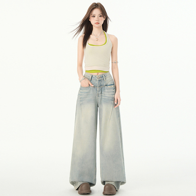 RTRX美式复古高街直筒牛仔裤女百搭前开袋设计显瘦高腰宽松阔腿裤