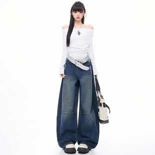 RTRX美式复古水洗弯刀牛仔裤女设计感通勤百搭垂感舒适宽松阔腿裤