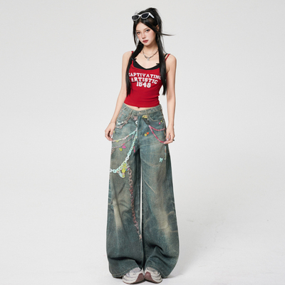 RTRX美式复古链条印花牛仔裤女高街潮牌设计感宽松显瘦阔腿长裤子