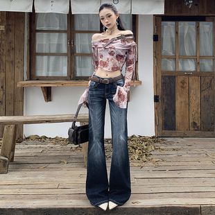 RTRX复古深蓝低腰微喇阔腿牛仔裤女设计感显瘦通勤百搭垂感长裤子