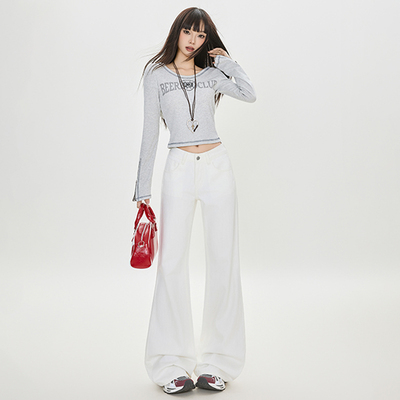 RTRX三防宽松薄款牛仔裤女白色简约百搭修身显瘦阔腿百搭喇叭裤子