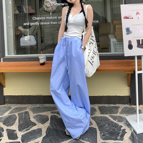 邻家女孩竖条纹显瘦阔腿拖地裤