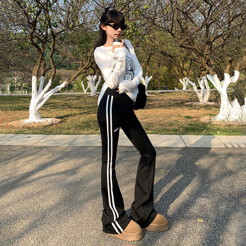 原创修身显瘦条纹微喇裤