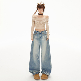 RTRX美式复古怀旧宽松阔腿裤女高腰猫咪纹通勤百搭垂感直筒牛仔裤