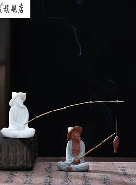 新款陶瓷人物姜太公钓鱼老翁摆件微景观渔翁水族流水器造景装饰品