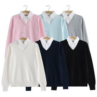 川岛秋冬JK制服套头毛衣女日系纯色V领针织衫内搭长袖假两件上衣