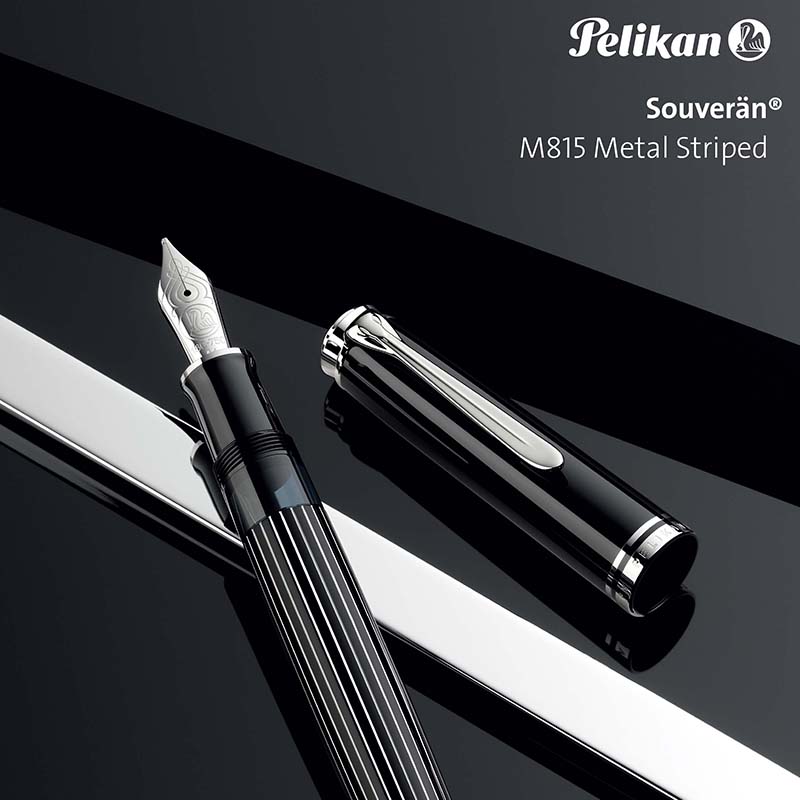 Pelikan百利金Souveran帝王M815特别版Metal Striped金属条纹钢笔18K金尖德国制造活塞上墨旗舰正品商务送礼