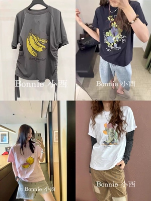 现货秒发 Bonniega新款水果香蕉笑脸印花宽松圆领短袖T恤上衣
