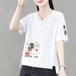 洋气v领上衣体0723z 宽松大码 白色短袖 t恤女显瘦2025新款 夏季
