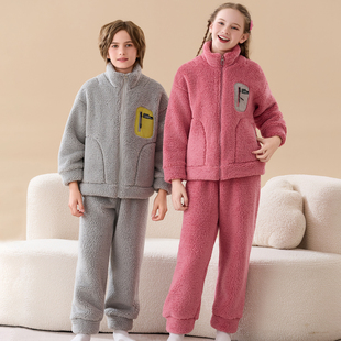 青少年睡衣秋冬加绒开衫女童珊瑚绒加厚保暖家居服套装中大童男孩