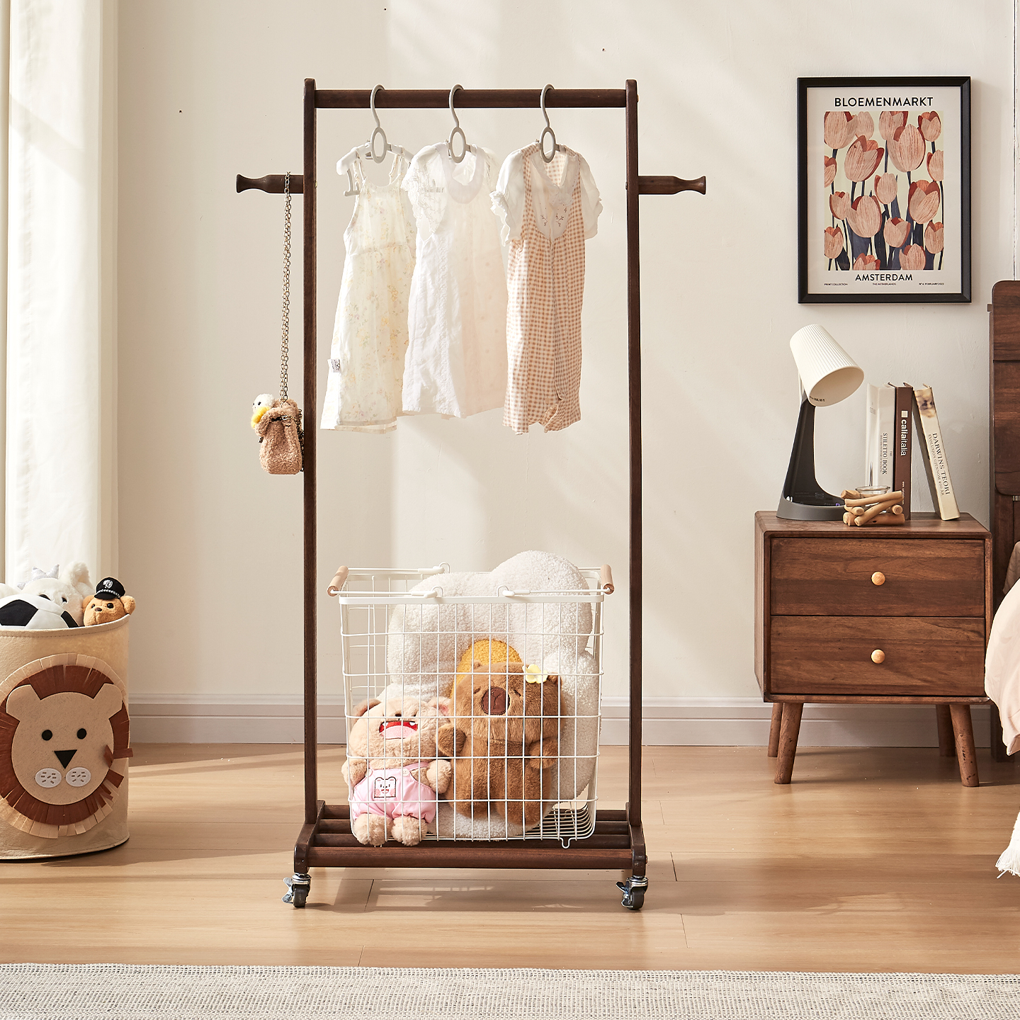 实木衣帽架落地卧室家用可移动挂衣架黑胡桃木晾衣服架简易衣帽架