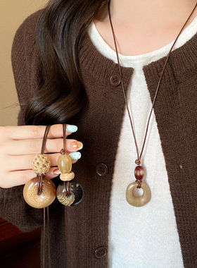 波西米亚风不规则长款项链新中式晕染编织绳链毛衣链挂脖秋冬配饰