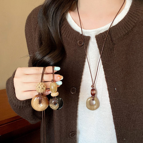 波西米亚风不规则长款项链新中式晕染编织绳链毛衣链挂脖秋冬配饰