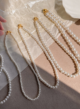 磁吸扣施家珍珠项链女白色小米珠锁骨链简约轻奢颈链经典款毛衣链