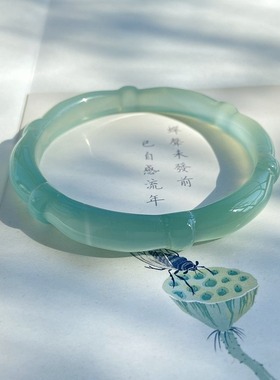 竹风天然冰透玛瑙手镯竹节藕节造型镯子油青色玉髓文艺复古风玉镯